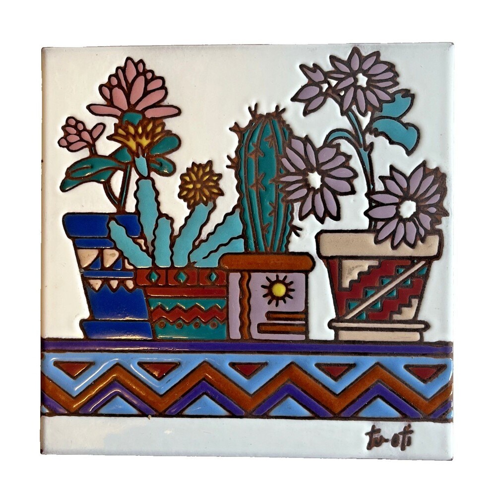 EarthTones Cactus Art Tile Trivet Well Hanging Southwest 1995 6” Inch Signed USA